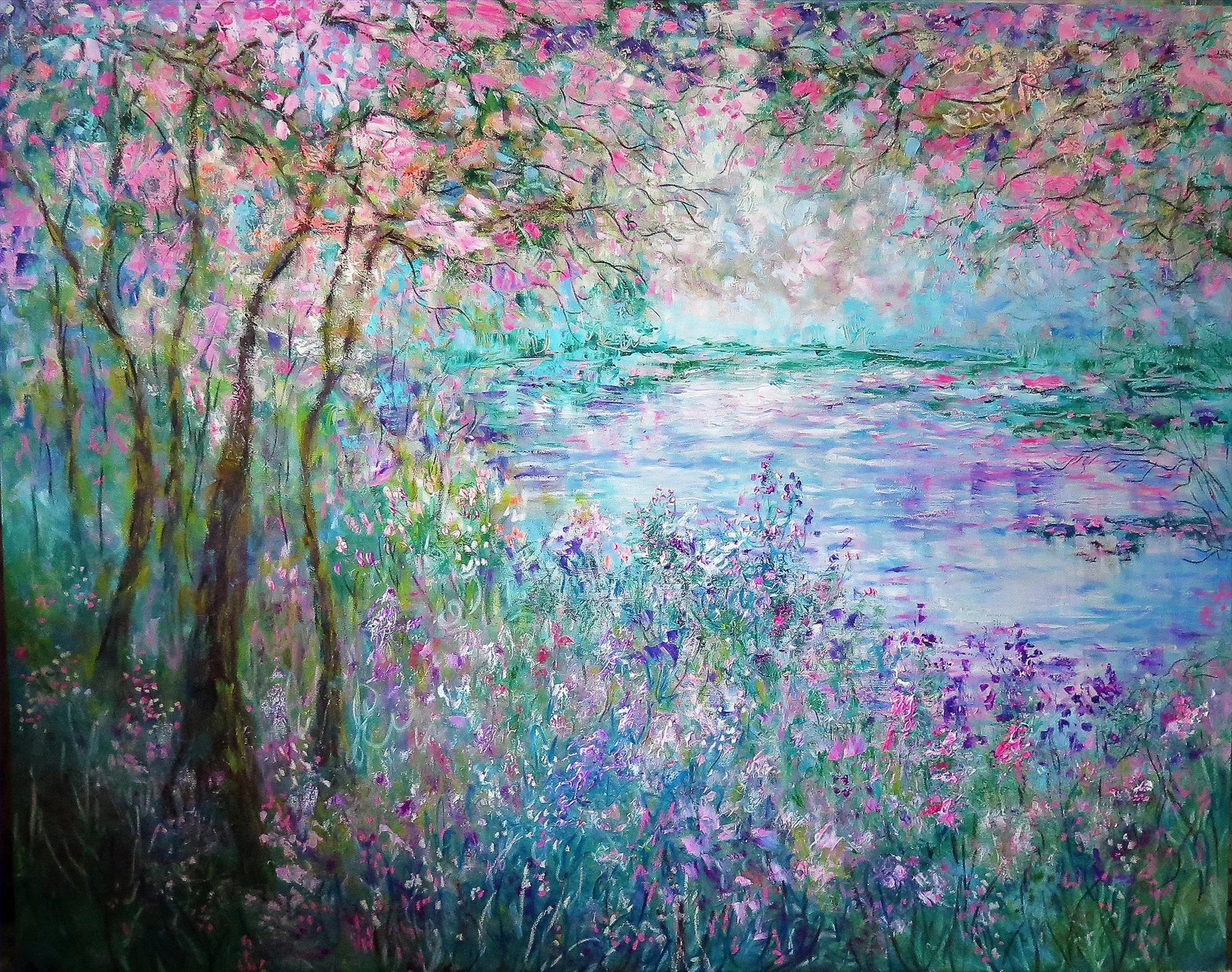 桜 野生の花 池 木 庭の装飾 風景 壁アート 自然の風景油絵